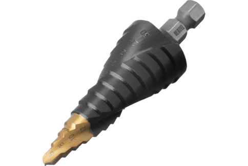 Сверло ступенчатое 6-8-10-12-14-16-18-20-22-24-26-28-30 мм,Р6М5,шестигр.хв.Denzel фото 1