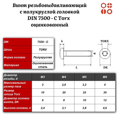Винт резьбовыдавливающий DIN 7500 С Torx М5х12 оцинкованный, 1000 шт. фото 3