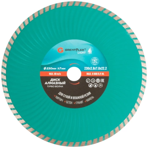 Диск отрезной алмазный комбинированный турбо волна GreatFlex Light 230х2,8х7,0х22,2 мм фото 1