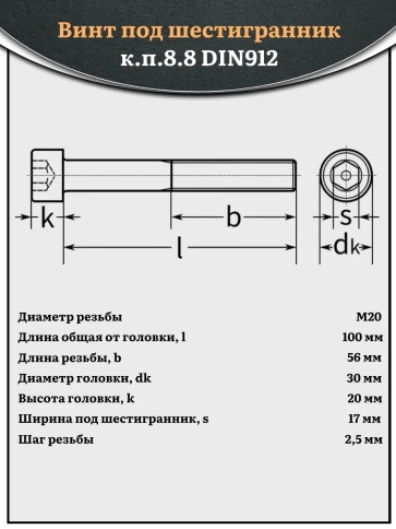 Винт под шестигранник НР 20х100 мм ОЦ к.п.8.8 DIN912,  2 шт. фото 3