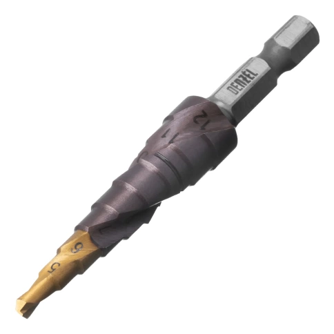 Сверло ступенчатое 4-5-6-7-8-9-10-11-12 мм,по мет..Р6М5К5,шестигр.хв.Denzel фото 1