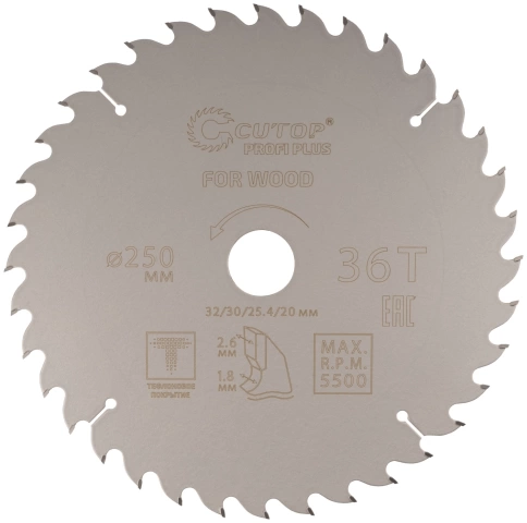 Диск пильный по дереву с тефл.покр.36Т CUTOP Profi Plus 250х1,8/2,6х32/30/25,4/20 мм фото 1