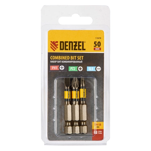 Набор бит шестигранный профиль РН2,РZ2,SL5 50 мм сталь S2 3 шт. Denzel фото 1