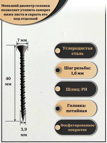 Саморез для крепления ГВЛ (гипсокартон) 3,9х40, чёрный фото 2