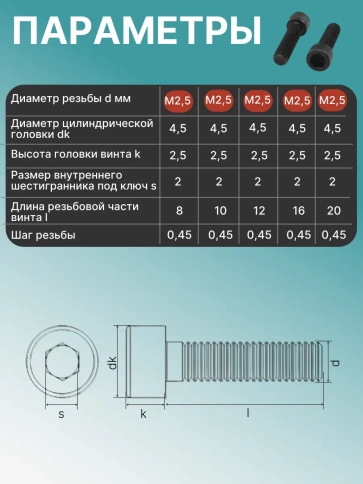 Винты М2,5 черные к.п.12.9 DIN912 в органайзере НАБОР 1 фото 3