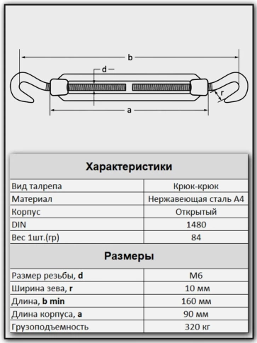 Талреп крюк-крюк нержавеющий А4 М6 DIN1480 фото 2