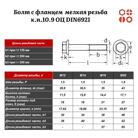 Болт с фланцем НР М14х1,5х70 мелкая резьба к.п.10.9 ОЦ DIN6921 с насечкой, 10шт. фото 2
