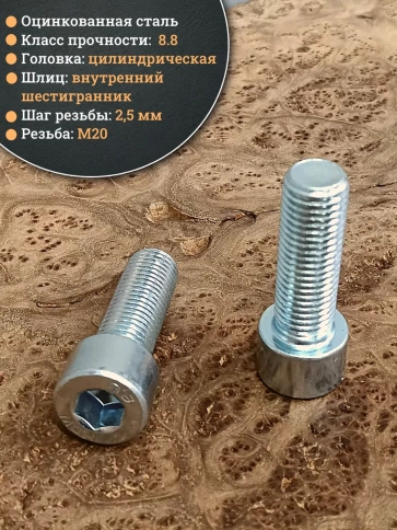 Винт под шестигранник ПР 20х55 мм ОЦ к.п.8.8 DIN912, 2 шт. фото 3