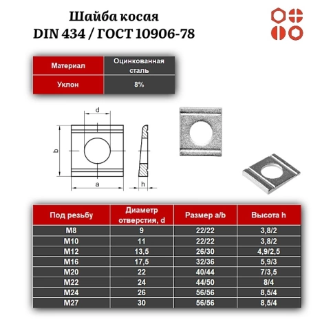 Шайба косая DIN 434 / ГОСТ 10906-78 м8 оцинкованная, 200 шт. фото 3