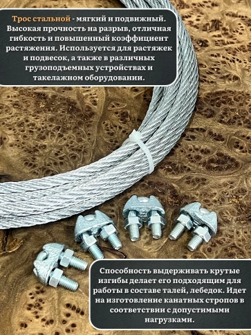 Трос стальной d3 с зажимами (4 шт.) ОЦ  без оплетки фото 8