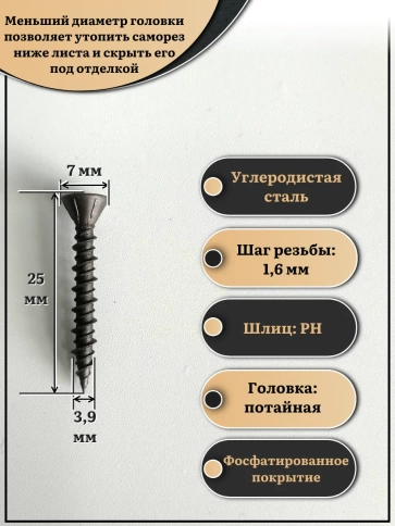 Саморез для крепления ГВЛ (гипсокартон) 3,9х25, чёрный 1 кг фото 2